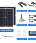 200W 12V Solar Panel Kit With 100A Charge Controller, showing panel, controller, car charger, cables, carabiner, and suction cups.