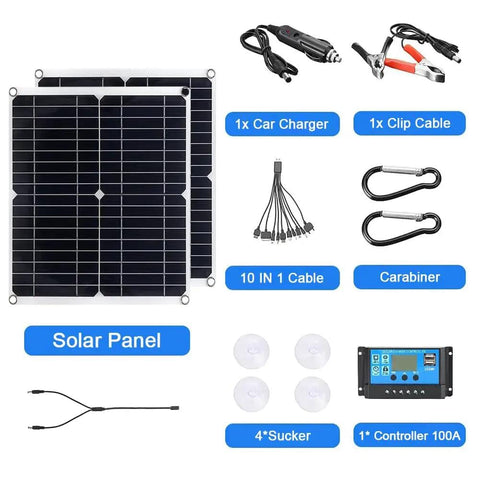 200W 12V Solar Panel Kit With 100A Charge Controller, showing panel, controller, car charger, cables, carabiner, and suction cups.