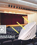 Par56 LED Bulb 28W Dimmable, 3000K Soft Warm White, 24 Degree Beam displayed in a theater setting with DIMMABLE icon