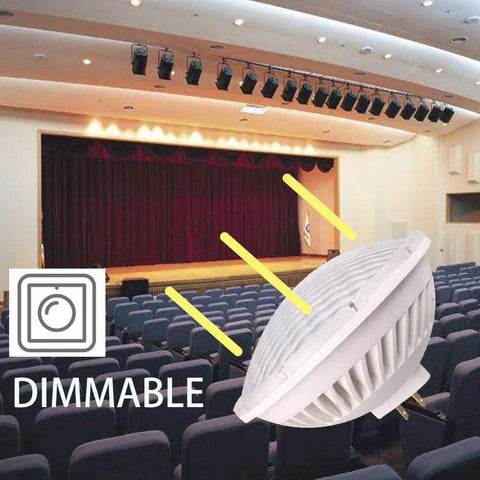 Par56 LED Bulb 28W Dimmable, 3000K Soft Warm White, 24 Degree Beam displayed in a theater setting with DIMMABLE icon