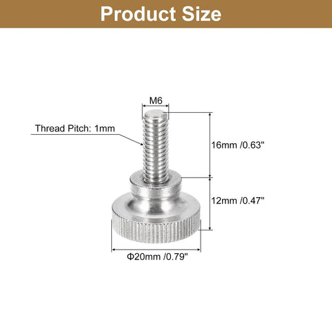 Solid As A Rock M6 X 16mm Knurled Thumb Screws 304 Stainless Steel Flat Head Bolts with dimensions labeled.