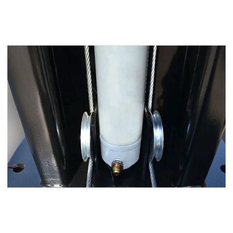 Close-up of Two Post Hydraulic Car Lift with Clear Floor for Home Garage 4000Kg Vehicle Hoist parts and steel cables.