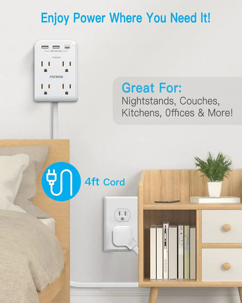 7 In 1 Flat Extension Cord Power Strip With USB C And USB A Ports, 4 Outlets, 3 USB, 4 Ft Wall Plug mounted in bedroom.