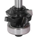 Cool Keenso 4 Flute Solid Carbide Roundover Router Bit showing cutting edges and bearing for precise wood edging.