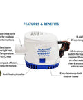 Side view of Automatic Submersible Bilge Pump For Boats, 12V 1100 GPH With Built-In Float Switch, 1-1/8 Inch Outlet piping visible