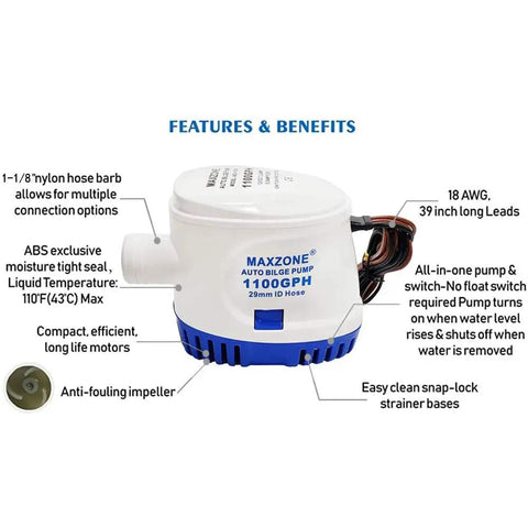 Side view of Automatic Submersible Bilge Pump For Boats, 12V 1100 GPH With Built-In Float Switch, 1-1/8 Inch Outlet piping visible