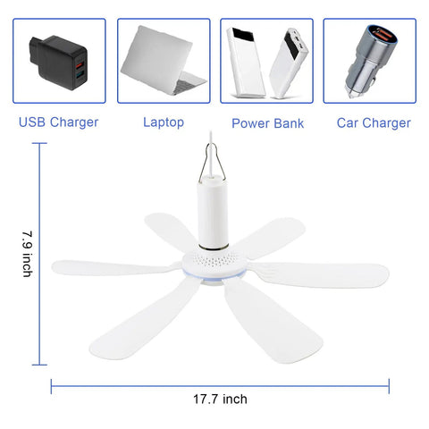 SCOOYEEES 17.7inch Portable Ceiling Fan USB Ceiling Fan Small Silent RV Fan for Camping Bed Tent Cruise Home Room with dimensions.