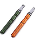 Two 2 Pack Compact Fire Starters With Scraper Striker, Replaceable Threaded Ferro Rod, Magnesium Fire Steel, green and orange units.