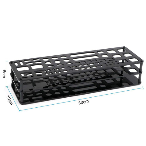 63 Hole Screwdriver Storage Rack for Hex and Cross Bits - RC Tools Organizer Stand, black plastic, dimensions 30x10x6 cm