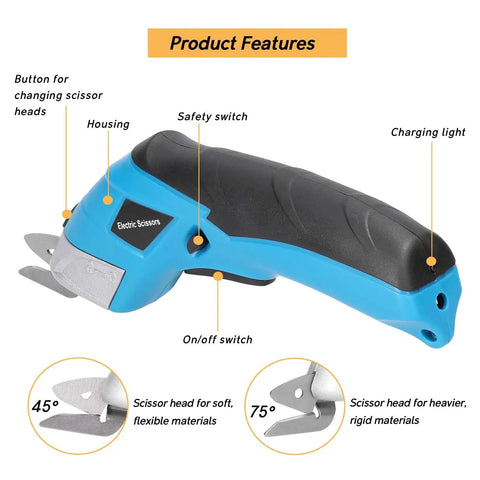 Cordless Electric Scissors With Knockout Power For Zero Fuss Fabric Cutting And Cardboard Trimming featuring ergonomic grip and dual angle blades.