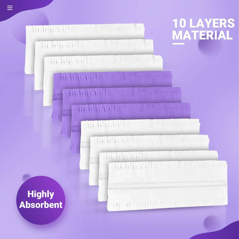 32 Count Disposable Power Mop Refills For Swiffer Power Mop, Deep Cleaning Pads With Built In Scrubbing Strips For Quick, Mess Free Sweep And Streak Free Shine. 10-layer absorbent mop pads shown stacked in white and purple