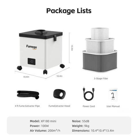 Beefy Solder Fume Extractor With 100W Motor And 200 Cubic Meters Per Hour Airflow, 3 Stage HEPA Plus Activated Carbon Filtration, Low Noise Smoke Purifier For Soldering, Laser Engraving, Nail Salons, And DTF Ovens XF180 Mini package list with dimensions