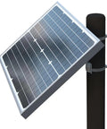 30 Watt Monocrystalline Solar Panel Kit For Automatic Gate Openers AX30 Compatible, silver panel mounted on post