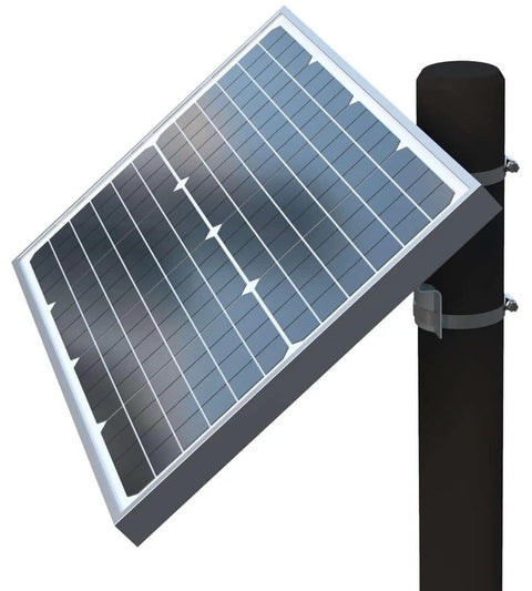 30 Watt Monocrystalline Solar Panel Kit For Automatic Gate Openers AX30 Compatible, silver panel mounted on post