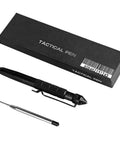 Tactical Pen With Glass Breaker And Six Ink Refills Aircraft Grade Aluminum Multi Function Tool For Emergency Escape Window Breaker Writing And Everyday Carry Non Slip Grip next to packaging and ink refill.