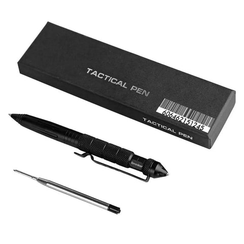 Tactical Pen With Glass Breaker And Six Ink Refills Aircraft Grade Aluminum Multi Function Tool For Emergency Escape Window Breaker Writing And Everyday Carry Non Slip Grip next to packaging and ink refill.