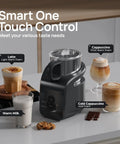 4-In-1 Milk Frother And Warmer For Hot Or Iced Lattes Cappuccinos And Macchiatos, Barista-Grade Foam Electric Steamer 12.5oz Stainless Steel Milk Warmer on countertop with beverages.