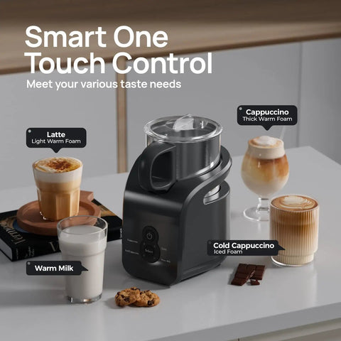 4-In-1 Milk Frother And Warmer For Hot Or Iced Lattes Cappuccinos And Macchiatos, Barista-Grade Foam Electric Steamer 12.5oz Stainless Steel Milk Warmer on countertop with beverages.