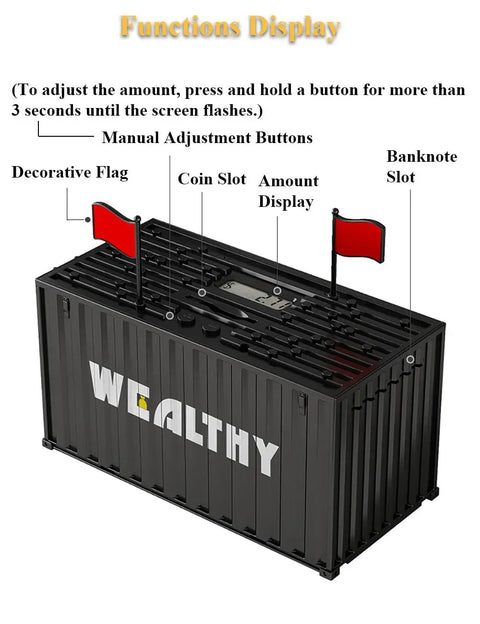 Smart Container Coin Bank Piggy Bank With LCD Display, Automatic Coin Counter And Manual Counting, Container Shaped Money Vault Black