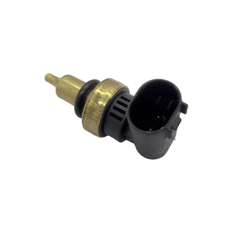 TorqueVance coolant temperature sensor with brass body and black 2-pin connector, side view