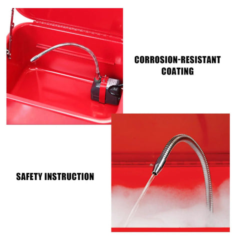 Inside view of Heavy Duty Steel Parts Washer With Rapid Fluid Recycler showing corrosion-resistant coating and pump.