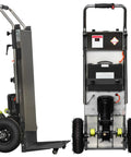 Heavy Duty Electric Stair Climber Dolly Cart with Motorized Motor, 880 Lb Capacity Folding Hand Truck, side and back view showing motor and battery.