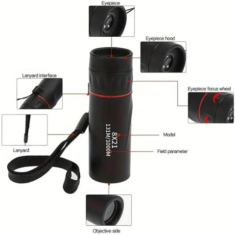 8X Magnification Monocular Telescope For Hiking Bird Watching Stargazing And Outdoor Adventures Ultra Portable One Tube Design Delivers Crisp Clarity With Multi Coated Optics Lightweight Pocket Scope For Real Outdoor Explorers, black with lanyard