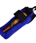 Blue durable storage bag with clip for All-In-One High Visibility Surface Marker Buoy For Scuba Diving, mesh design showing contents.