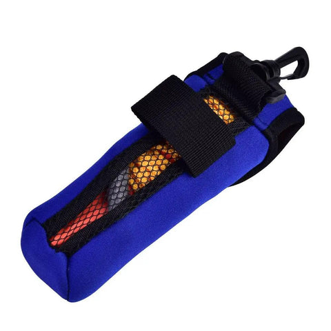 Blue durable storage bag with clip for All-In-One High Visibility Surface Marker Buoy For Scuba Diving, mesh design showing contents.