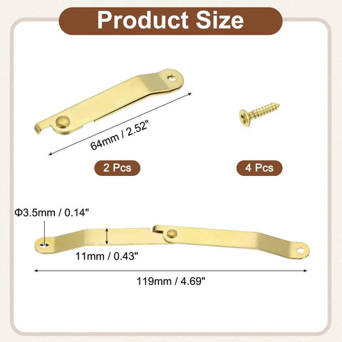Product size illustration of Heavy Duty Folding Lid Support Hinges 2 Piece Set, 180 Degree Easy Swing in gold tone.