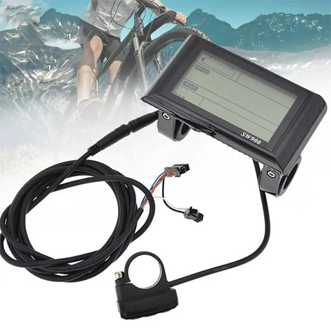 SW900 LCD Display Electric Bicycle Speedometer And Speed Counter 24 To 72V Wired Meter with cable and mount close-up