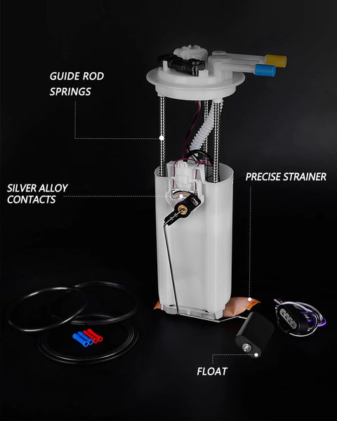 Electric Fuel Pump Assembly E3518M Replacement For Buick Park Avenue LeSabre Cadillac DeVille Seville Oldsmobile Aurora Pontiac Bonneville 3.8L V6 4.6L V8 3.5L V6 Fits 1998-2005 Models Direct Fit No Fuss Install, showing parts like guide rod springs and strainer.