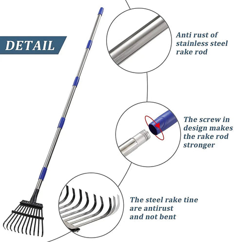 Heavy Duty Garden Rake With 11 Metal Tines And Adjustable 36 To 78 Inch Handle, stainless steel construction details
