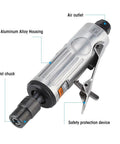 Badass Air Die Grinder Kit With 25000 RPM Speed And Quick Chuck Design Includes Lock Off Throttle Plus Extra Grinding Heads For Nitty Gritty Metalwork And Garage Projects, showing aluminum housing and metal chuck.