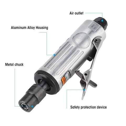 Badass Air Die Grinder Kit With 25000 RPM Speed And Quick Chuck Design Includes Lock Off Throttle Plus Extra Grinding Heads For Nitty Gritty Metalwork And Garage Projects, showing aluminum housing and metal chuck.