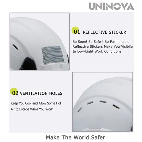 Reflective sticker and ventilation holes on OSHA Compliant Vented Hard Hat With Visor ANSI Z89.1 Approved For Construction And Forestry.