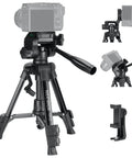 Beginner Friendly Mini Desk Tripod For iPhone DSLR Camcorder And Webcam With Easy Setup Compact Table Top Stand showcasing 3 way pan tilt head.