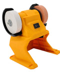 Top Shelf Mini Bench Grinder With 18V Compatible Battery For Precision Sharpening And Metal Polishing Portable workstand with dual grinding discs.