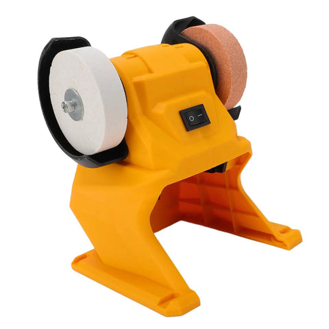Top Shelf Mini Bench Grinder With 18V Compatible Battery For Precision Sharpening And Metal Polishing Portable workstand with dual grinding discs.