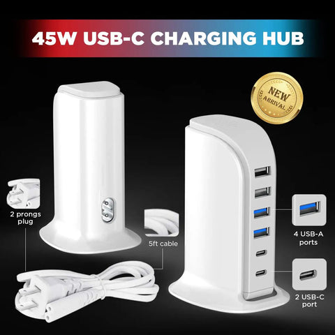 45W Fast Charging USB Station With Dual Type C Ports And Multiport USB Hub Organizer featuring 6 ports and 5 ft power cord