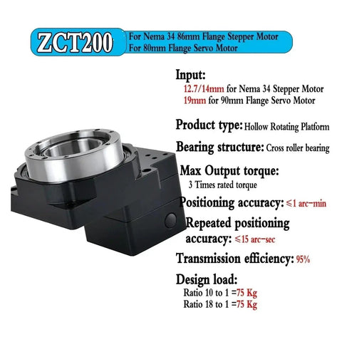 Heavy Duty Hollow Rotary Actuator Turntable Featuring Rock Solid Precision Ratios Up To Two Hundred To One For Cnc Cutting Tables And Automation Replaces Cam Indexers Smooth Five Axis Platform Direct Mount To Nema 42 Motors showing a hollow rotating platform with cross roller bearing.