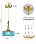 BBLLWJ 1-Pack Vintage Pendant Light for Kitchen Island, brass & wood hanging fixture with blue hammered glass shade dimensions.