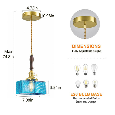 BBLLWJ 1-Pack Vintage Pendant Light for Kitchen Island, brass & wood hanging fixture with blue hammered glass shade dimensions.