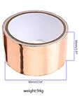 Roll of copper foil tape, 50mm wide, for grounding and EMI shielding, pro grade heavy duty adhesive, 94g weight, easy peel backing.