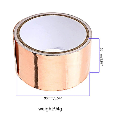 Roll of copper foil tape, 50mm wide, for grounding and EMI shielding, pro grade heavy duty adhesive, 94g weight, easy peel backing.
