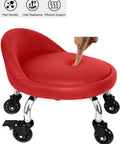 Red PU leather seat of Rolling Stool With Backrest 450 Lbs Weight Capacity; finger testing cushion softness, crystal wheels visible.