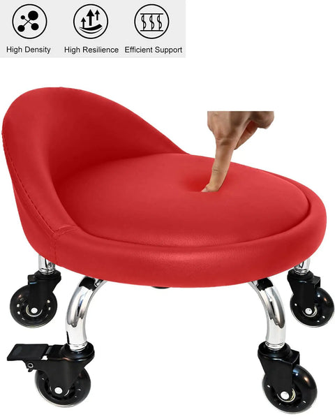 Red PU leather seat of Rolling Stool With Backrest 450 Lbs Weight Capacity; finger testing cushion softness, crystal wheels visible.