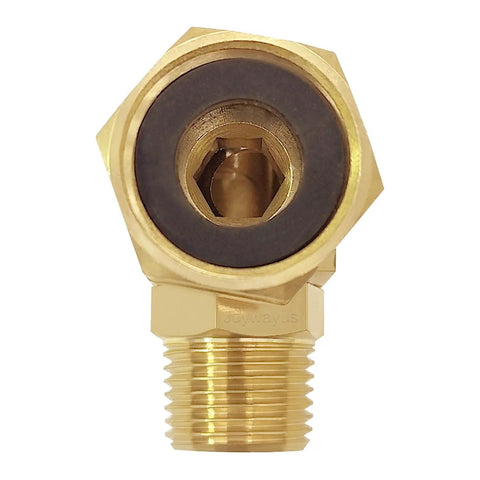 Three Quarter Inch GHT Female To One Half Inch NPT Male Garden Hose Swivel Elbow Brass Adapter For No Fuss Easy Hose To Pipe Conversion Corrosion Resistant Durable Smooth Swivel For Tight Corners front view