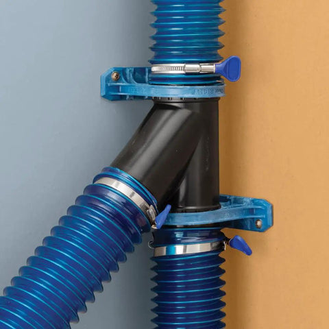 Dust Right Ready-Mount 2.5 Inch Vacuum Hose Fitting Brackets With Interlocking Teeth Design For Woodshop Dust Collection System angle view.