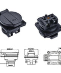 Heavy Duty CEE7 Waterproof IP54 Industrial AC Power Female Socket Rewireable Outlet Extension Cord Connector, black, side view and technical drawing.